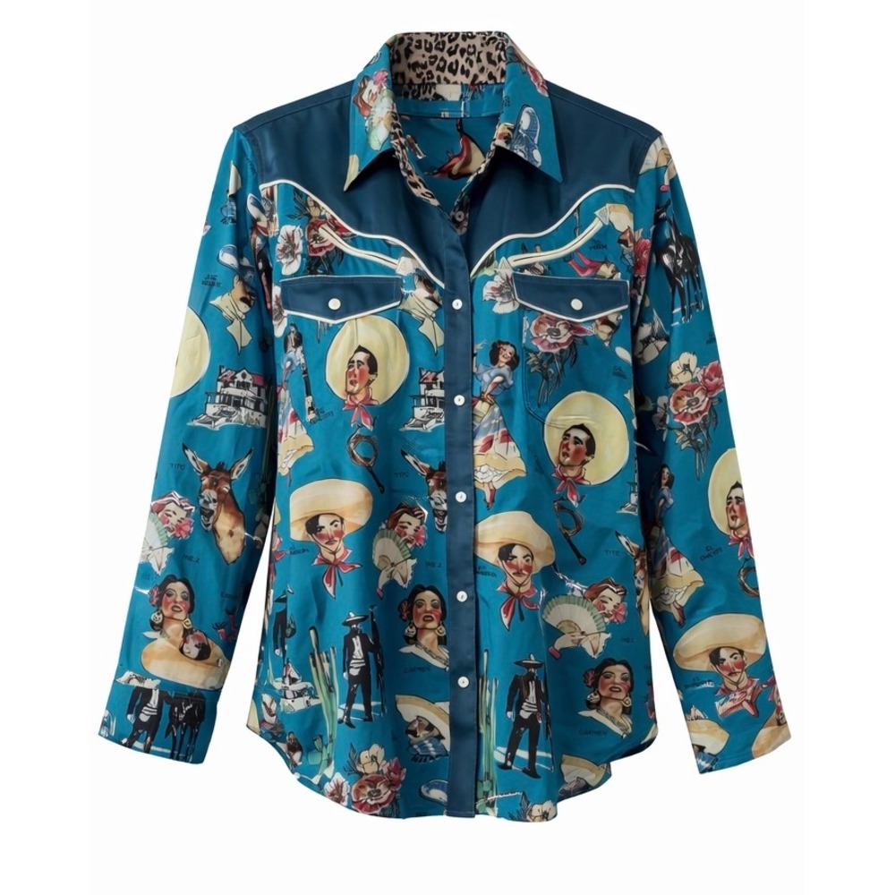 A Rare Bird Teal Mexican Novelty Print Western Button Down Shirt Small Medium